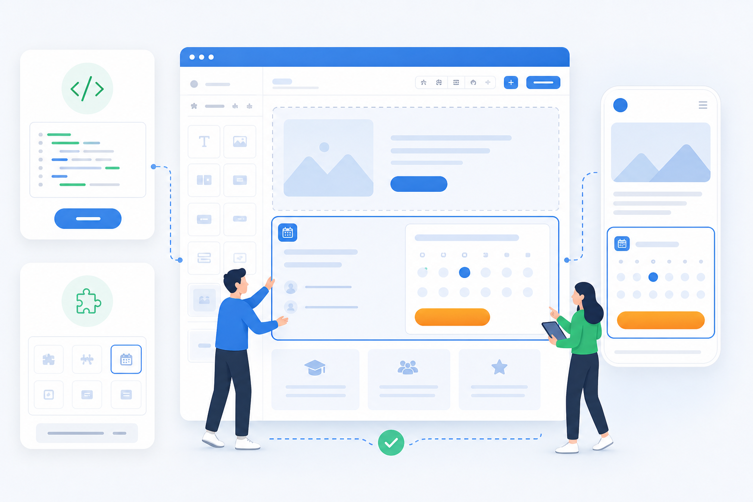 Visual website integration with a booking widget, embed code, and mobile preview