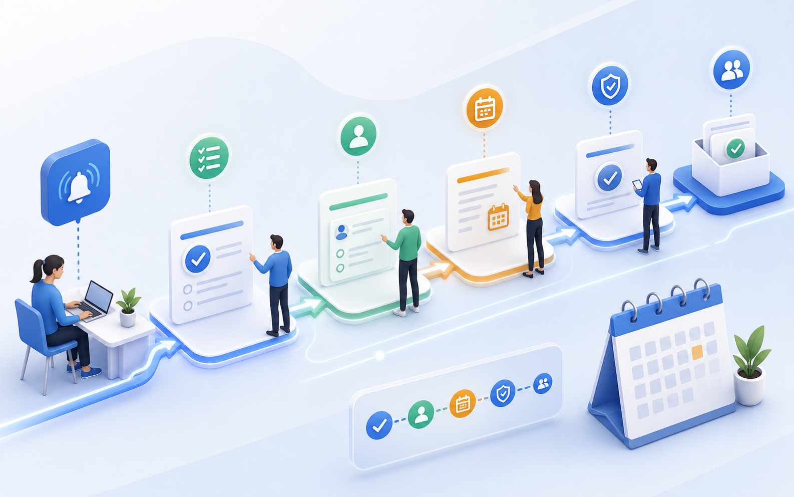 Visual workflow chain with tasks, reminders, approvals, and deadlines
