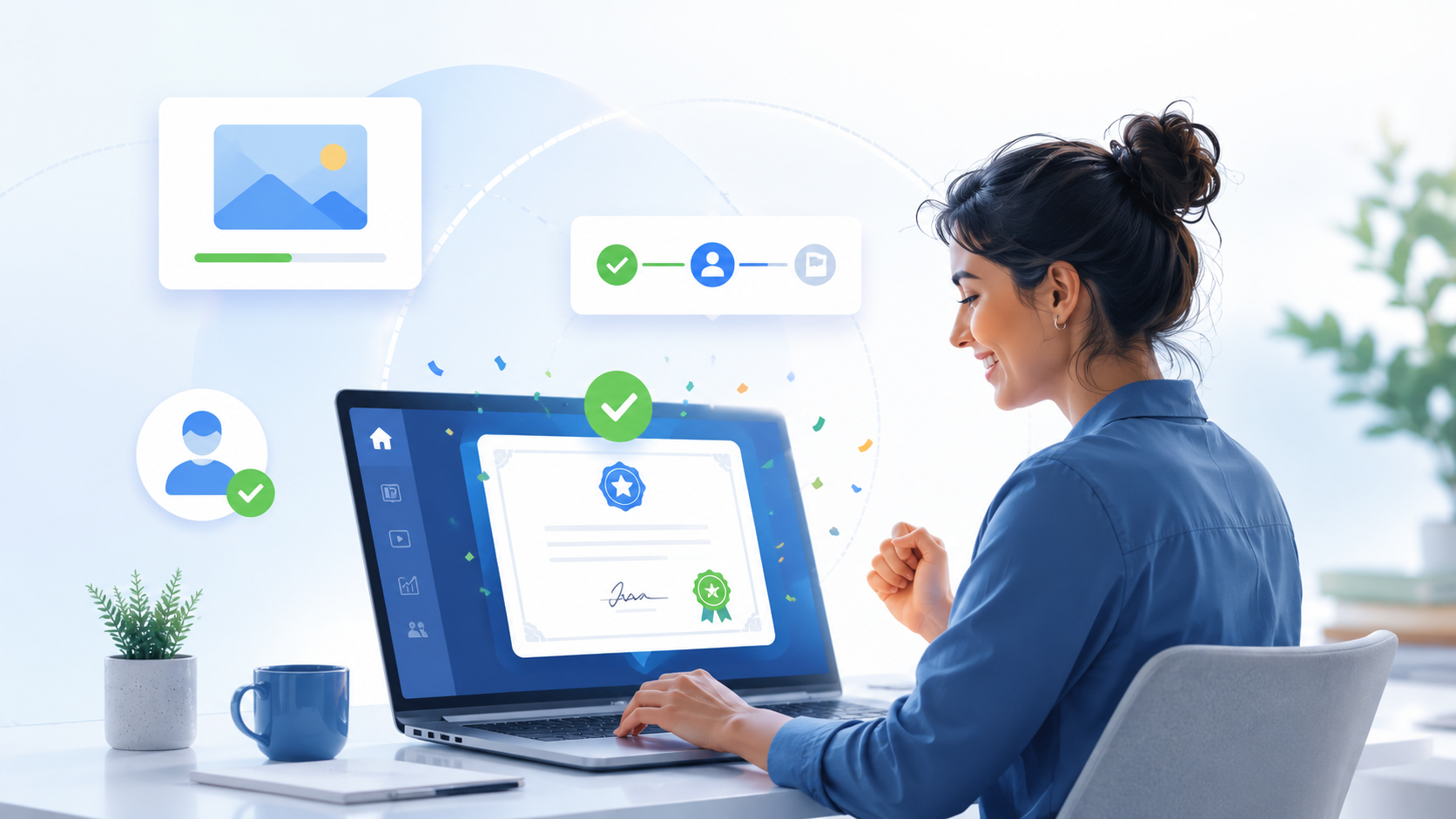 An employee completes a digital training course with a certificate and a progress tracker