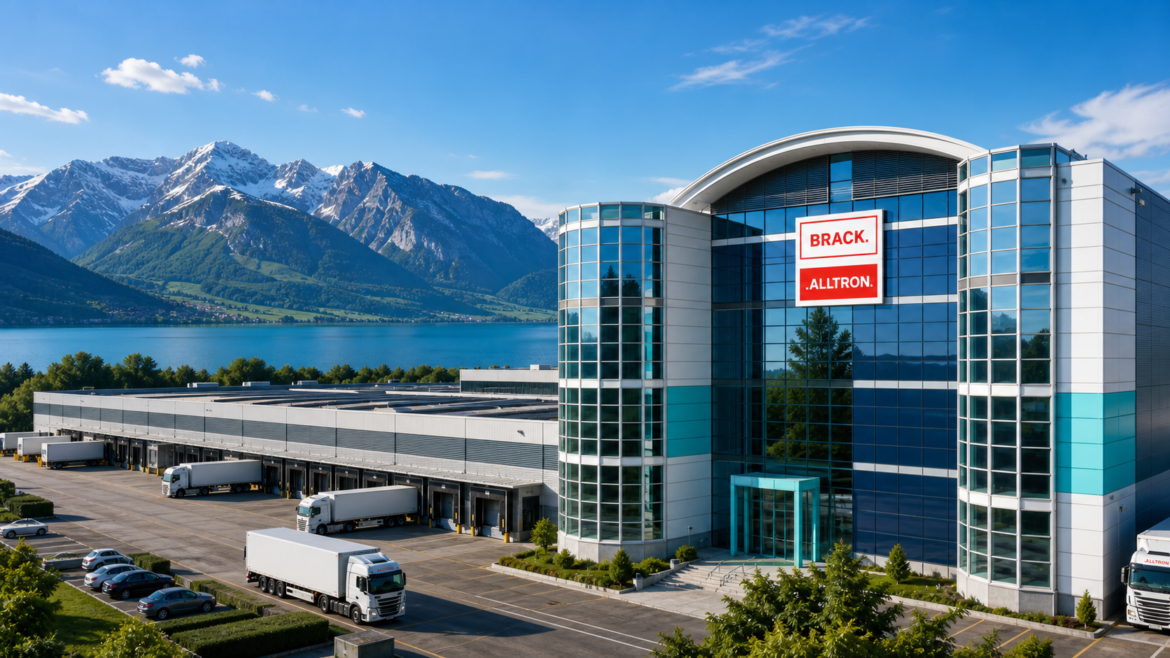 BRACK.Alltron Campus with a logistics center and mountain backdrop