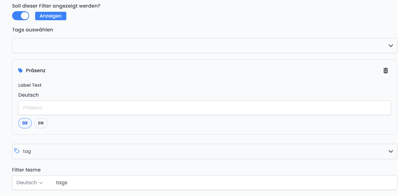 edoobox Design Manager mit mehrsprachigen Tag-Filter-Einstellungen für den Tag „Präsenz“, Sprachwahl DE und EN sowie Filtername