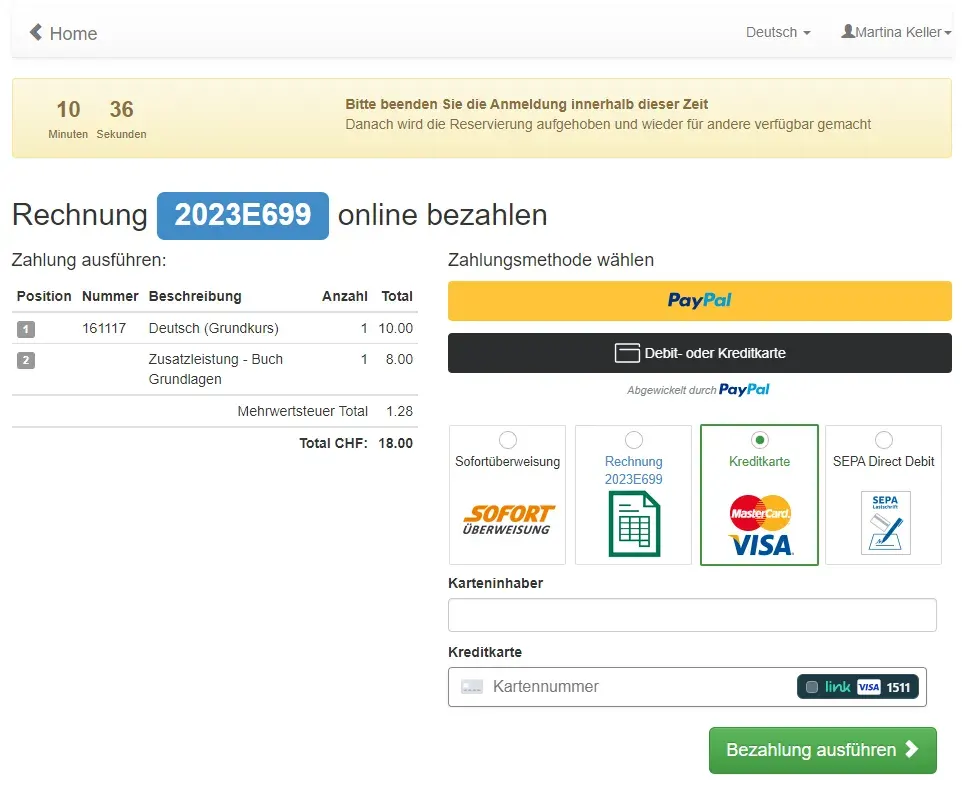 edoobox Payment Screen with Multiple Payment Methods for a Course Registration