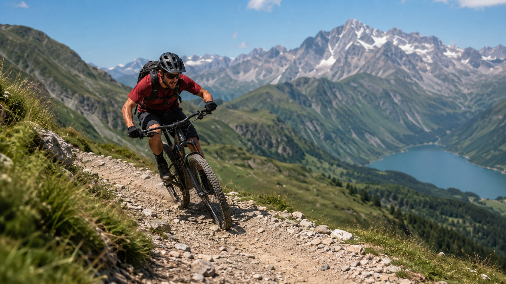 A female mountain biker from the Swiss Bike School in the Swiss Alps