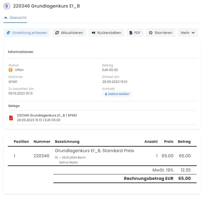 edoobox Invoice View with Payment Status, Documents, and Item Details