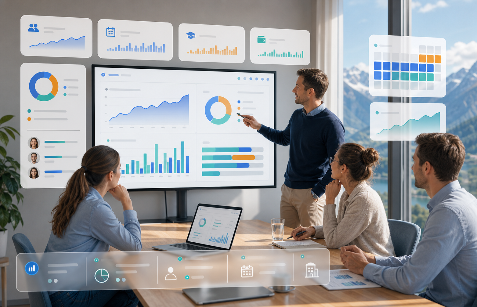 The team analyzes bookings, occupancy, and revenue in a modern reporting dashboard