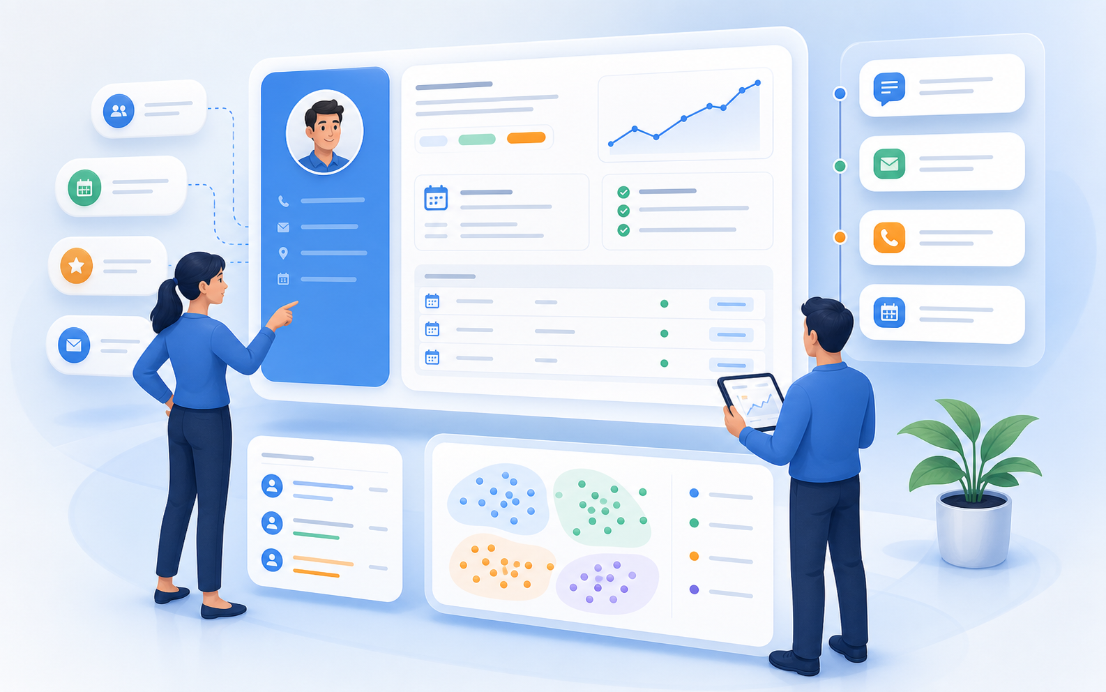 Graphical CRM overview with participant profiles, contact history, segments, and booking history