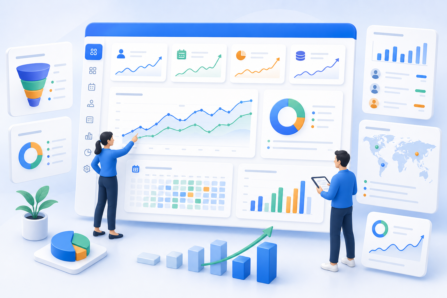 Graphical reporting dashboard with key metrics, capacity utilization, revenue trends, and price analysis