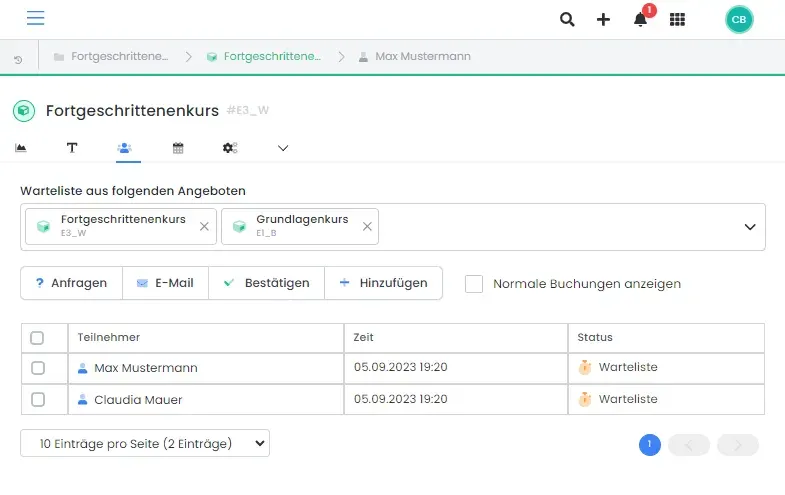 edoobox Waiting List View with Group Registration and Participant List