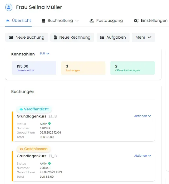 edoobox Participant View with key metrics, bookings, and customer details in the CRM