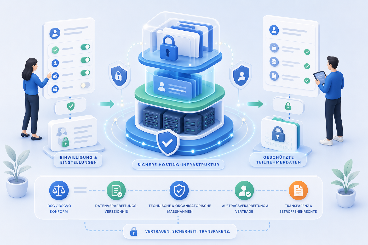 Visual Data Protection Flow Chart Showing Consent, Hosting, Protection Layers, and Governance