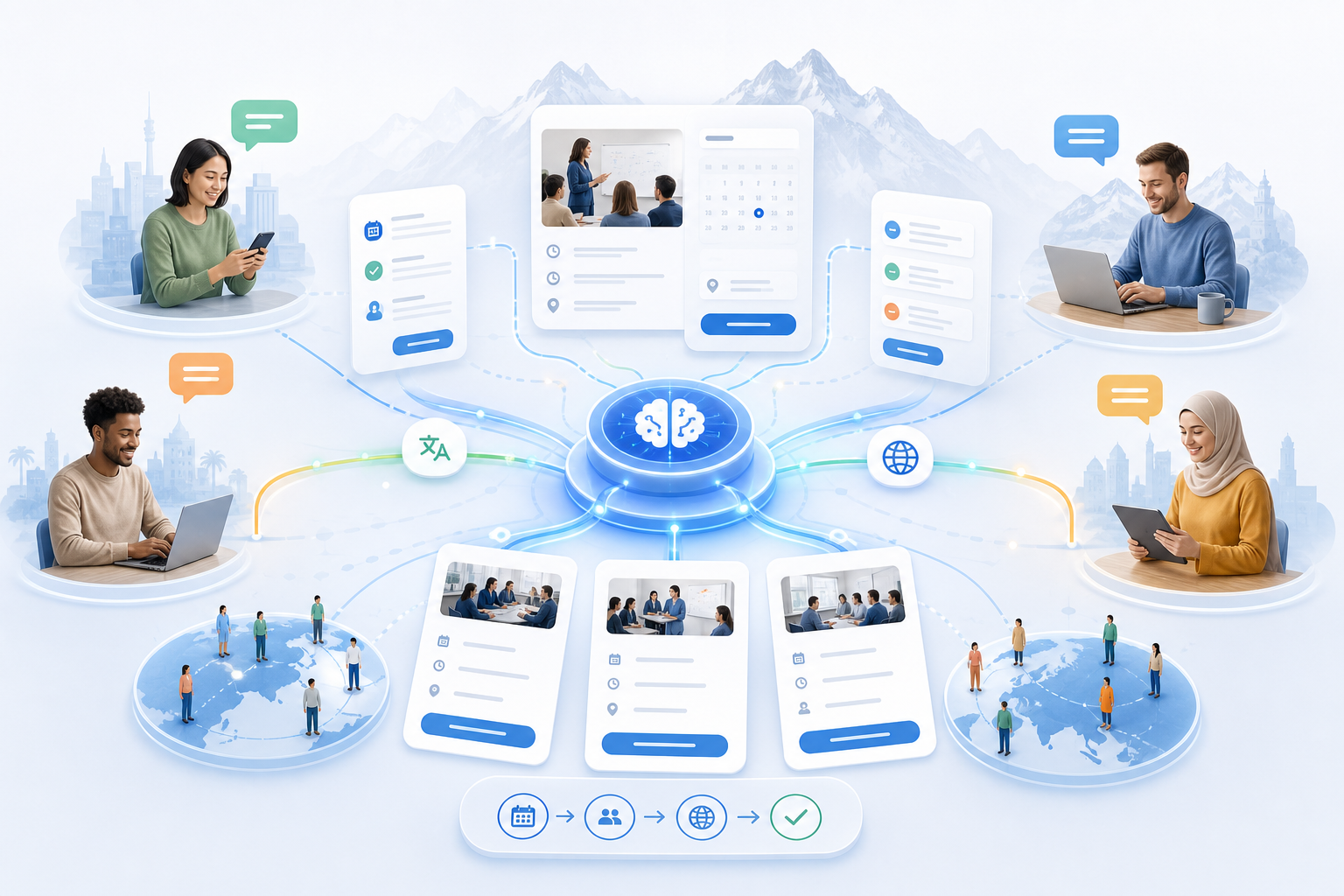 Graphical AI-powered speech generation with multilingual bookings, translation, and global rate cards