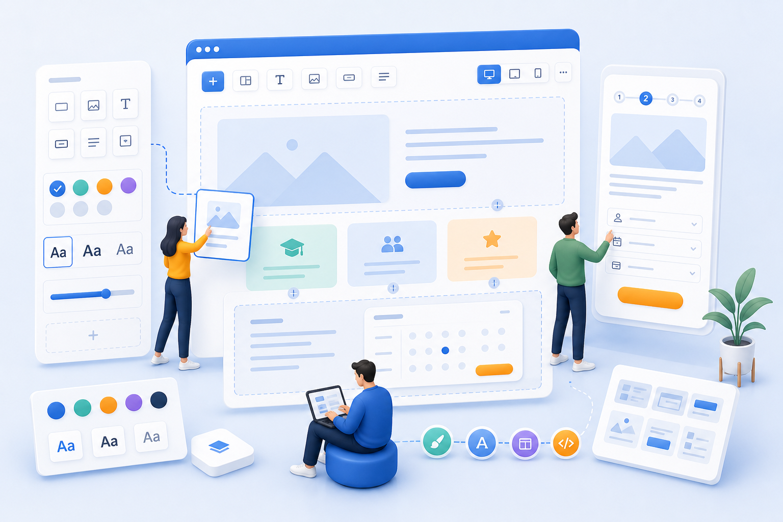 Graphical layout builder with branding controls, booking workflow, and design modules