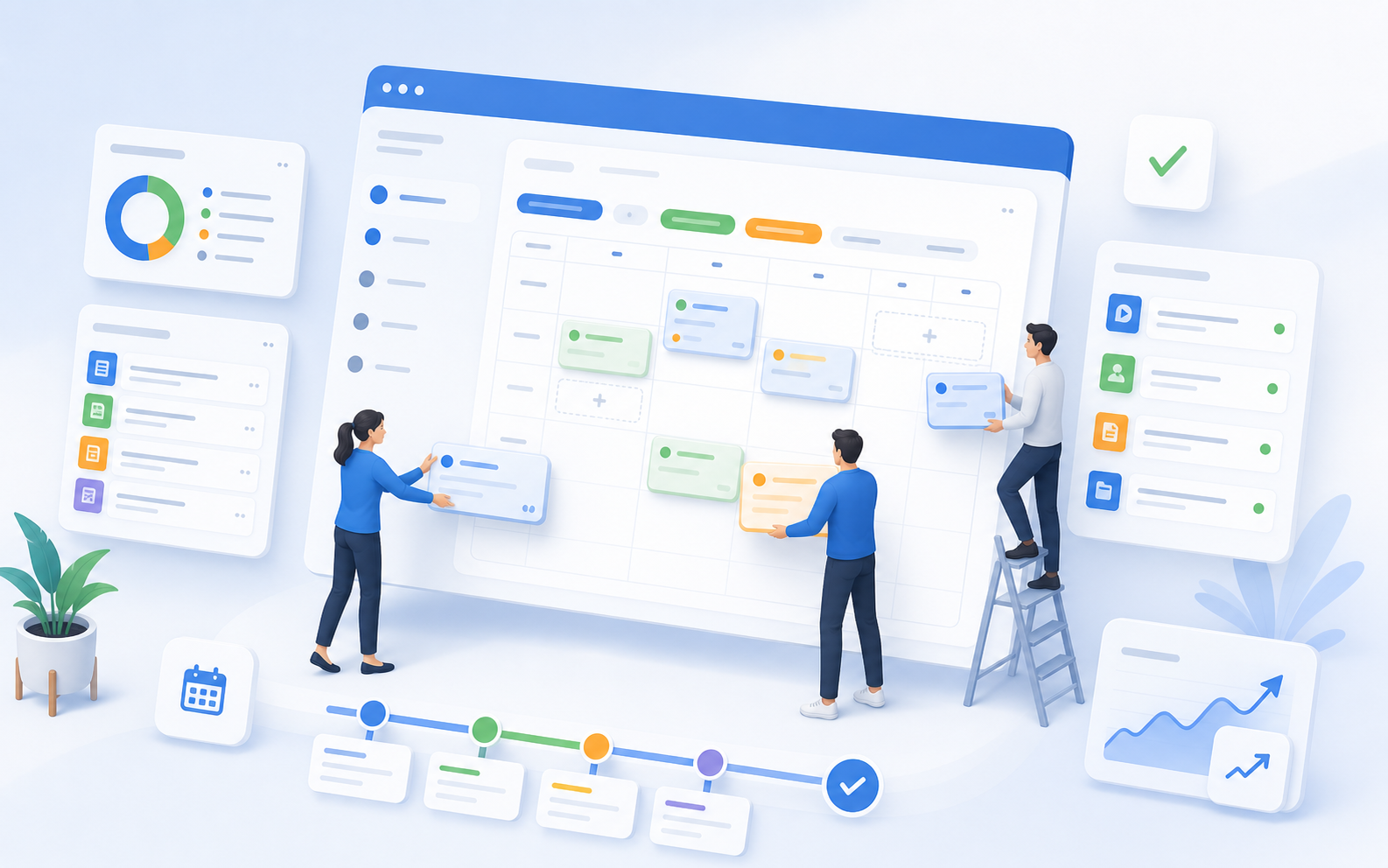 Graphical Course Scheduling Overview with Calendar Logic, Status Cards, and Course Offerings Structure