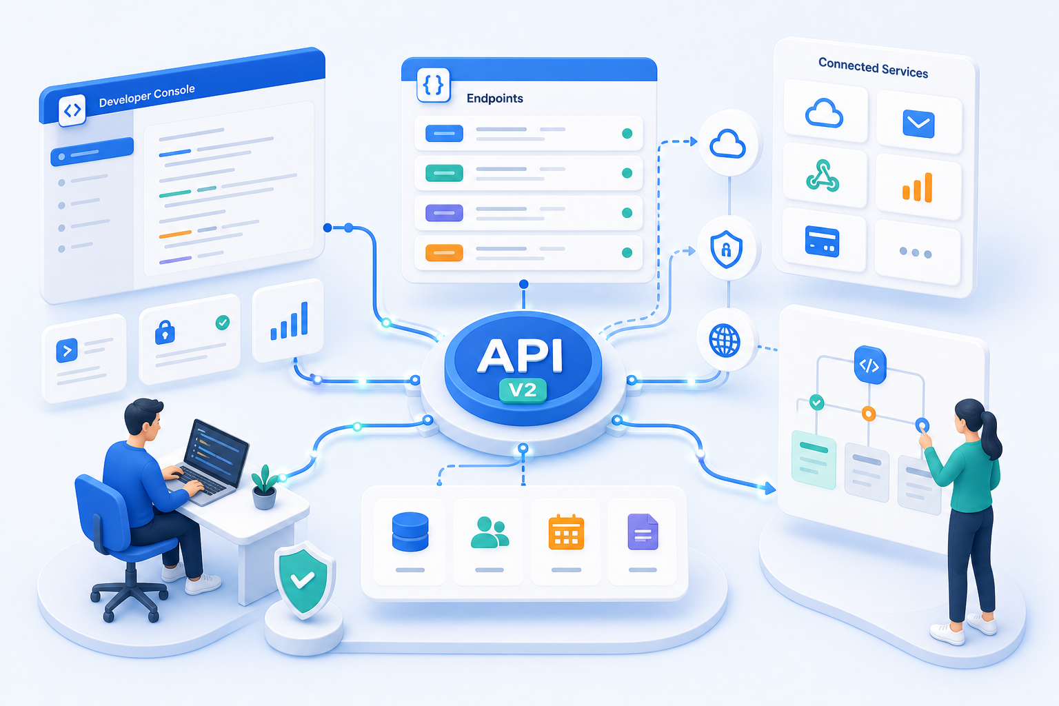 Graphical API data flow overview with endpoints, developer console, and system connections