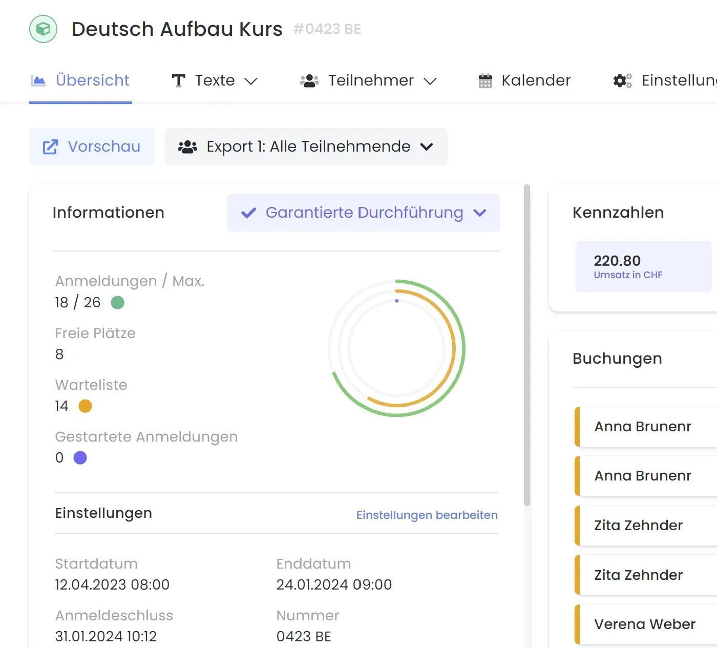edoobox Course Overview with Status, Key Metrics, and Settings for an Offer