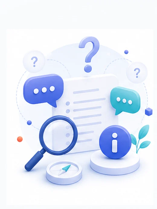 FAQ illustration with questions, chat, and search