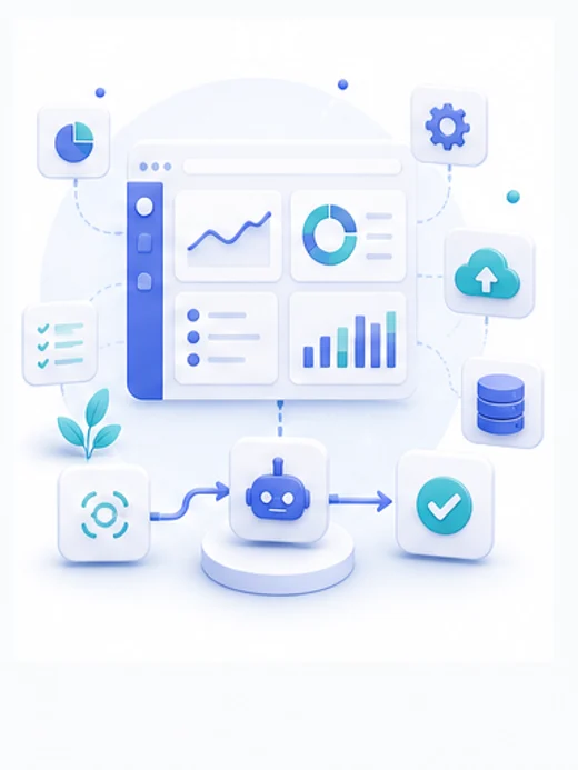 Functional illustration featuring a dashboard, automation, and analysis