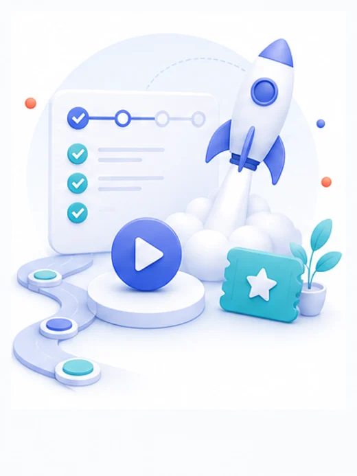 Introductory illustration featuring a rocket and a checklist