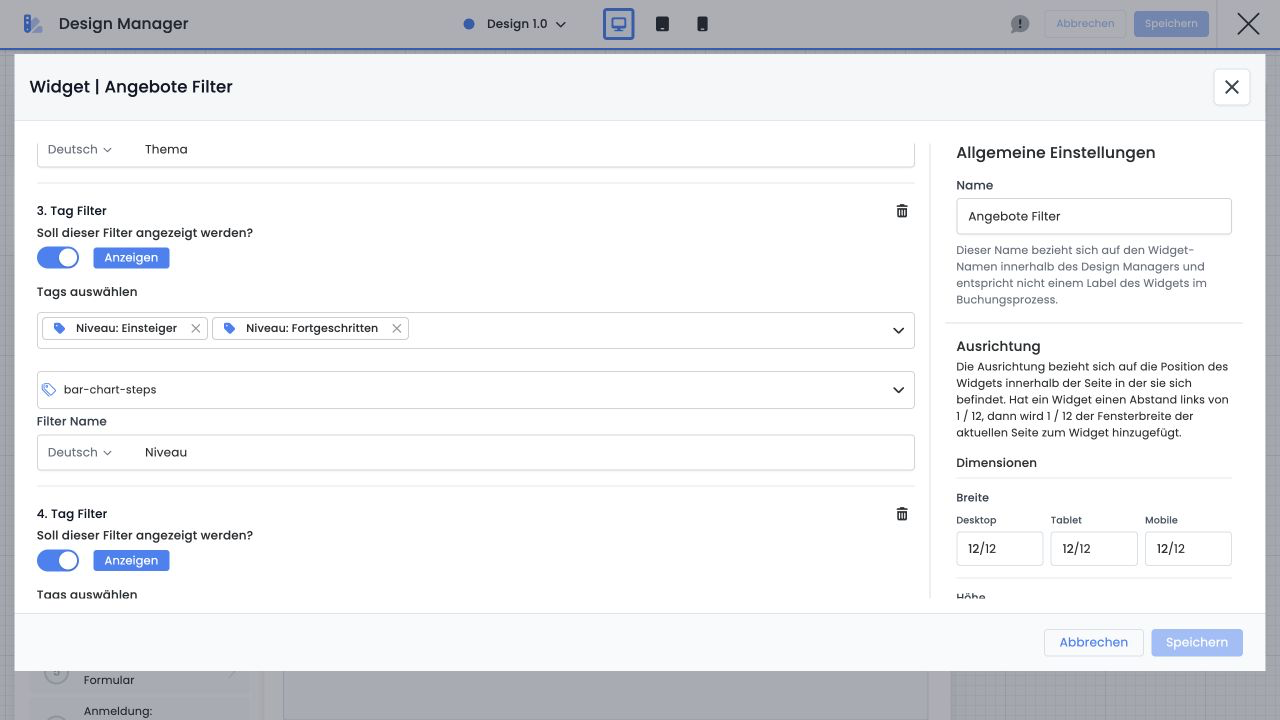 Screenshot des edoobox Designmanagers mit mehreren Tag-Filtern im Angebote-Filter
