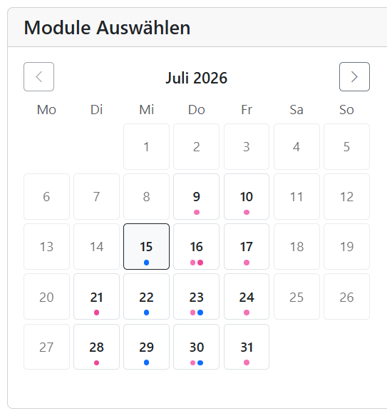 Screenshot der Kalenderansicht für Angebote mit freier Terminwahl